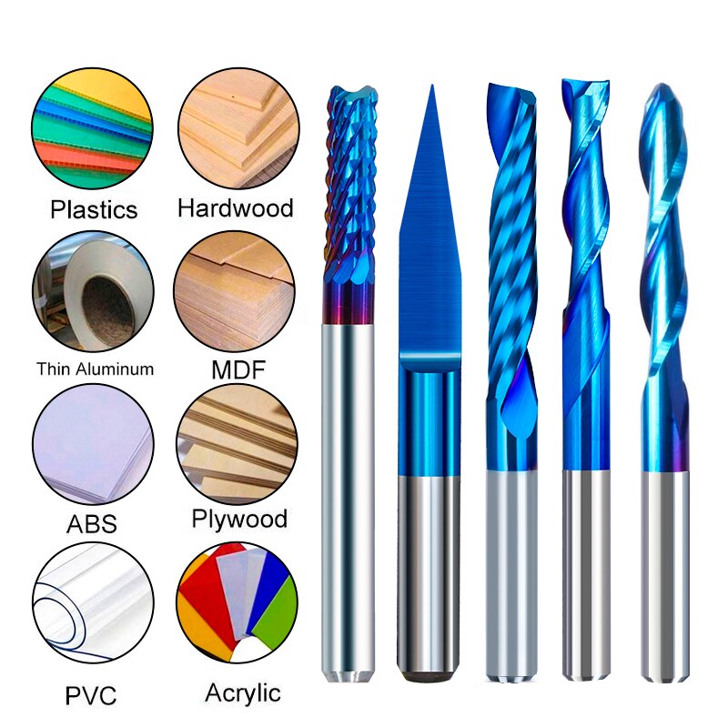 XCAN End Mill Engraving Bits Set Nano Blue Coated CNC Router Bits Cutting Milling Cutter 1/8" Shank Carbide Milling Tools