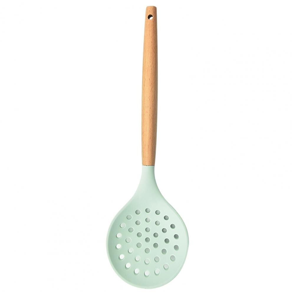 Wooden Handle Non-Stick Kitchen Silicone Strainer Spoon Skimmer Strainer Filter Baking Cooking Serving Utensils Set cocina: Light Cyan