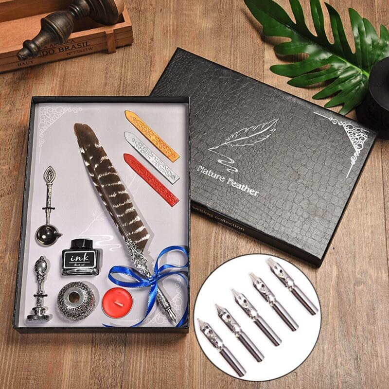 Retro Gothic Style Quill Pen Set Retro Wax Seal Stamp Kit Vintage Box Calligraphy Writing Pen Calligraphy Pen Set