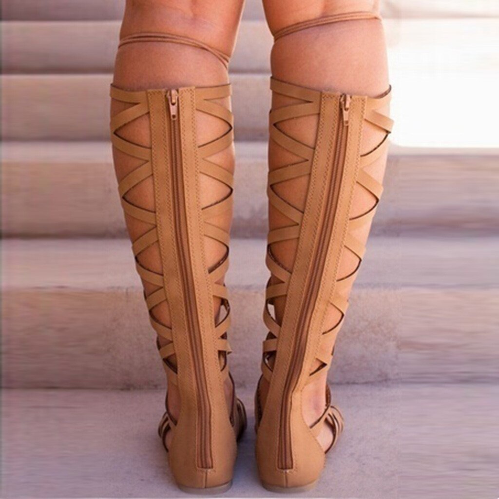 Sandals Summer Women Ladies Casual PU Leather Flats Knee High Boots Roma Shoes Sandals Female Soft Beach Shoes D9#