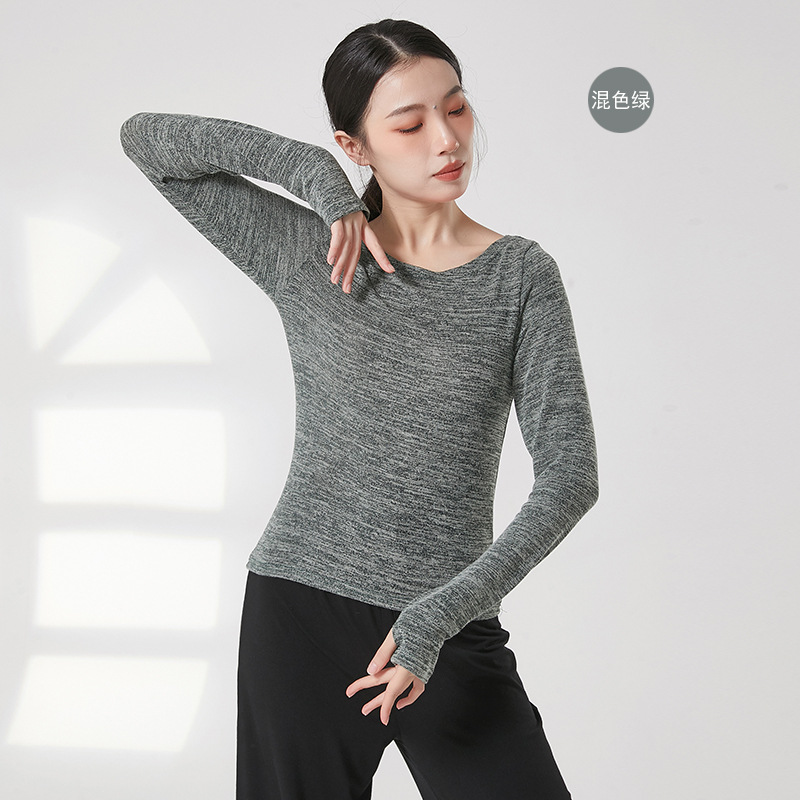 Dansen Praktijk Kleding Voor Vrouwen Folk Stijl Body Rijm Yoga Top Lange Mouw Duim Vinger Gat T-shirt Slim Moderne volwassenen 2XL: M / Zilver