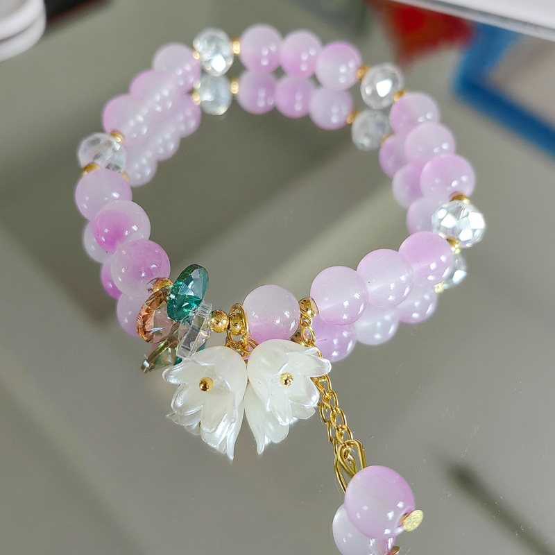 Bonita pulsera de cuentas de cristal verde para mujer, pulsera elástica ajustable con dije de flor de Lily Valley, joyería de cumpleaños y boda: Color amarillo dorado claro