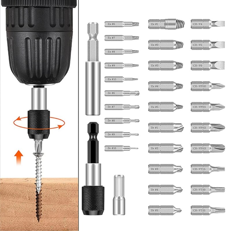 33 Pieces Damaged Screw Extractor Set Multi-Purpose Easy Out Bolt Stripped Screws Remover Kit Tool HSS Bolt Extractor