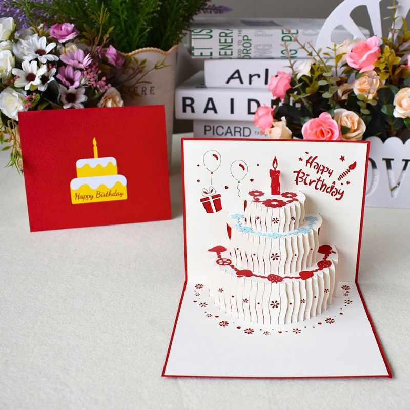 3D Pop Up Cartões Postais Do Bolo de Feliz Aniversário Cartões Convites com Envelope: Vermelho