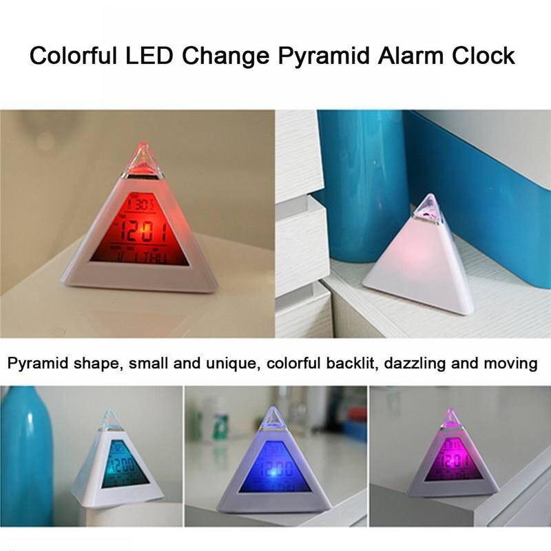 7 Colors Colorful Pyramid LCD Alarm Clock Night Light Thermometer Digital Wall Clock Calendar Timer Digital Led Alarm Clocks