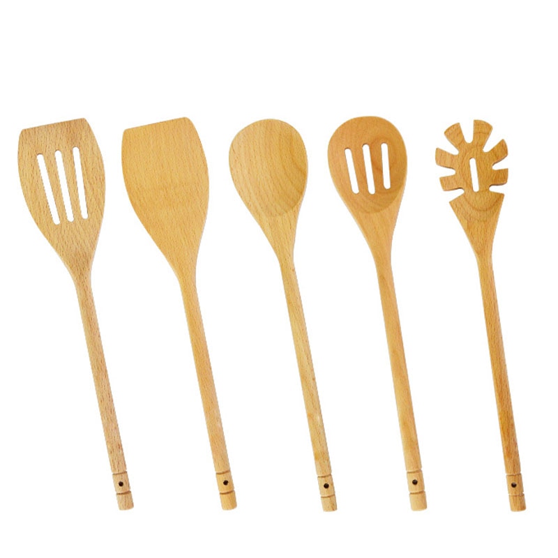 Utensilios de cocina de madera de haya Natural, 30cm, herramientas de cocina, cuchara de madera, pala, servidor de espagueti, ranurado