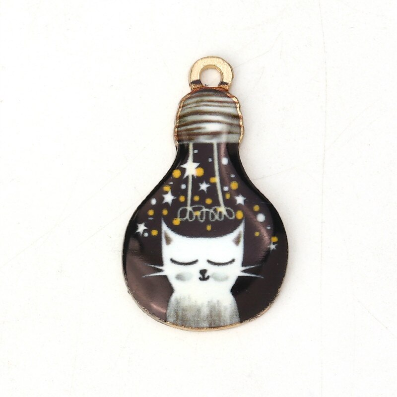 Doreen Box Zinc Based Alloy Charms Bulb Gold Metal Kawaii Black Cat And Fish Enamel Pendants 28mm(1 1/8&quot;) x 17mm( 5/8&quot;), 10 PCs: 3