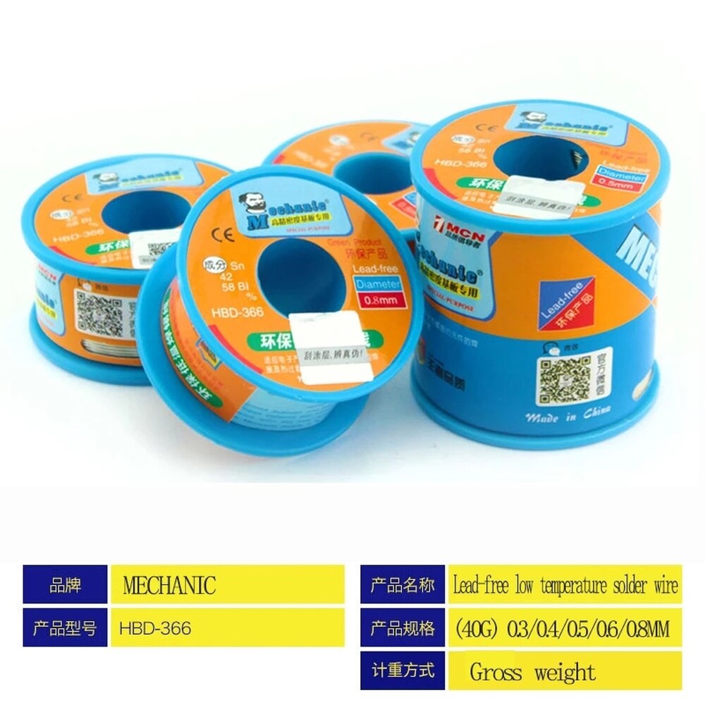 HBD-366 mecánico de alambre de soldadura sin plomo, 100G, 0,3 MM, SN42 %, BI58 %, buena actividad, soldadura de alambre de flujo auxiliar de baja temperatura