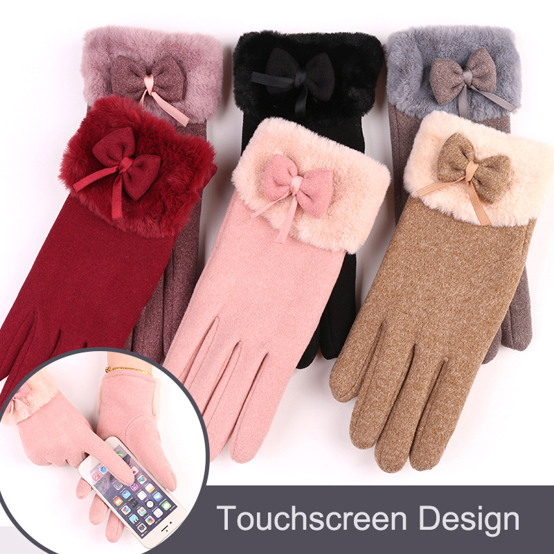 Cute Bow-Knot Glove Girl Winter Thicken Warm Mittens Women Driving Keep Warm Hand Youth Female Touch Screen Gloves