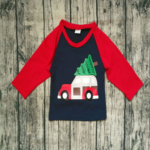 Autumn Kids Boys Christmas Elements Long Sleeve Patchwork T -Shirt Tree & Car Cotton Casual Red Tops Clothes