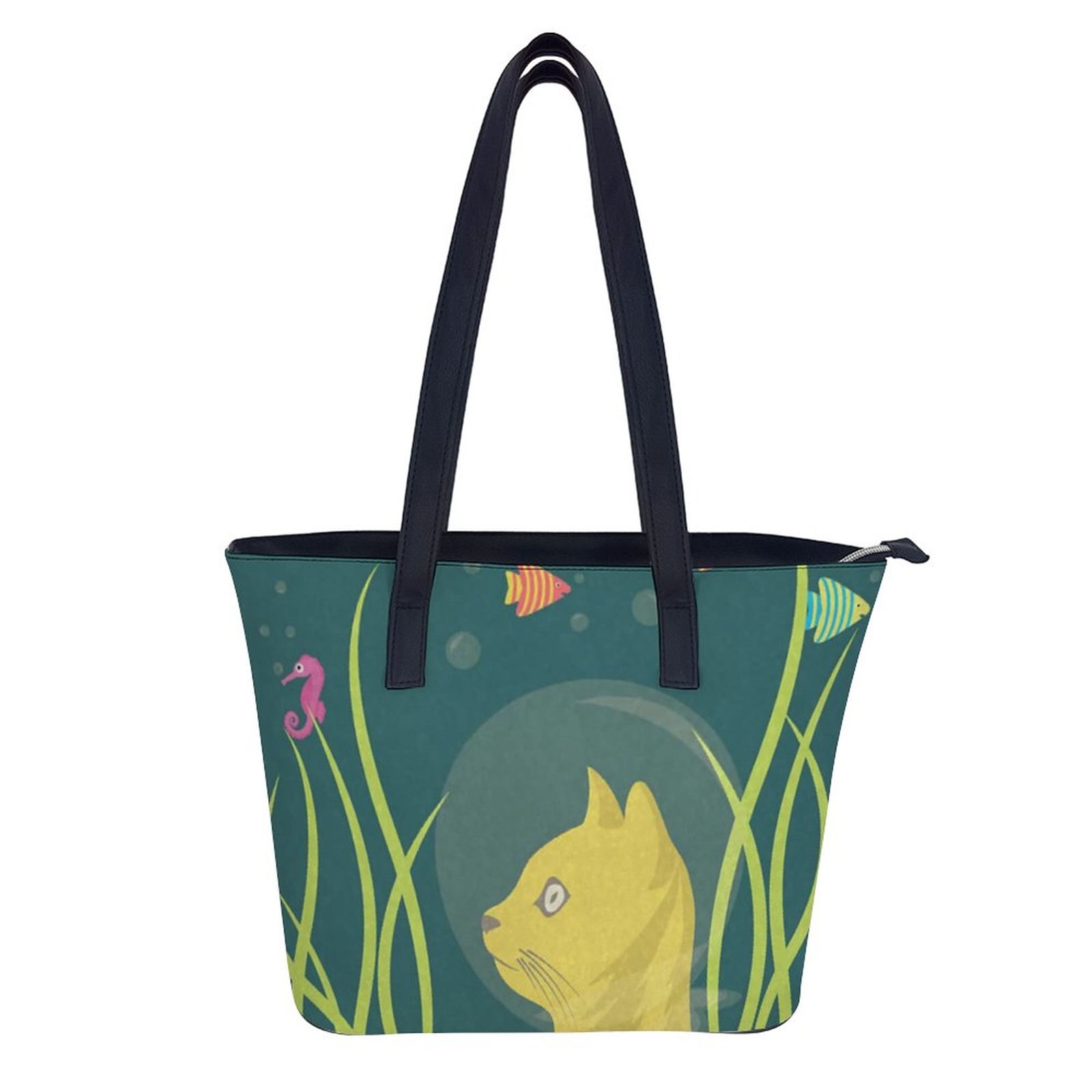 Sac à main en cuir de plage réutilisable, sac à bandoulière de chat drôle, poignée à la , sac de Shopping pour fille: white-style1-16