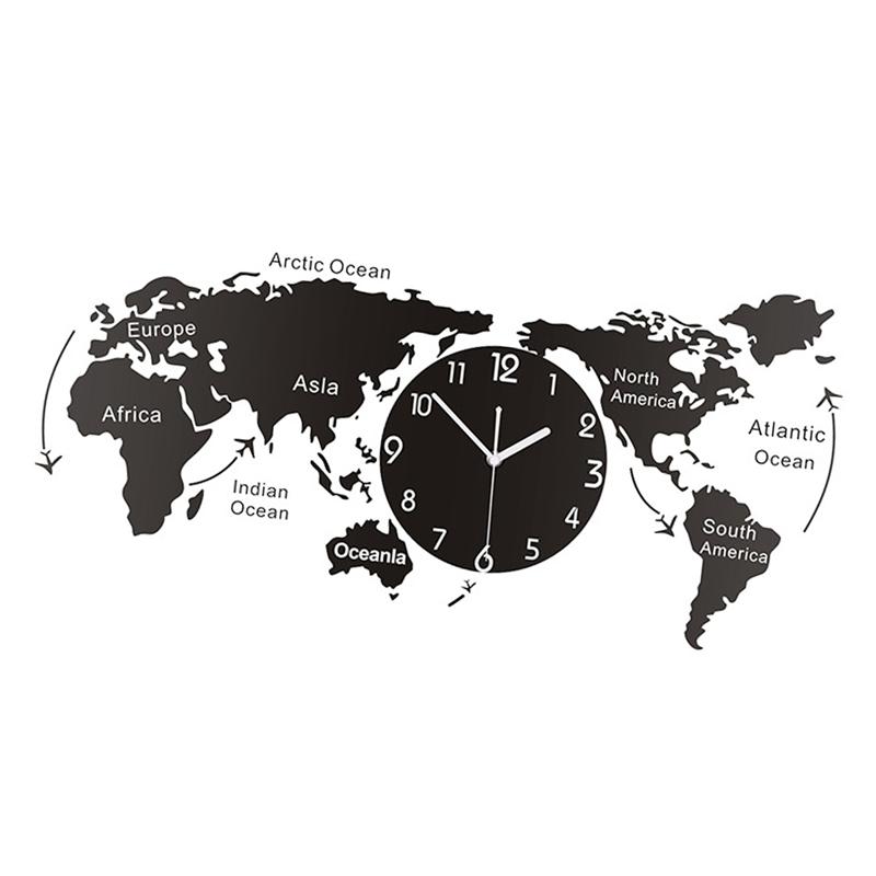 1PC Unique Acrylic Wall Clock World Map Wall Hanging Clock For Office Home Living Room Without Battery A2