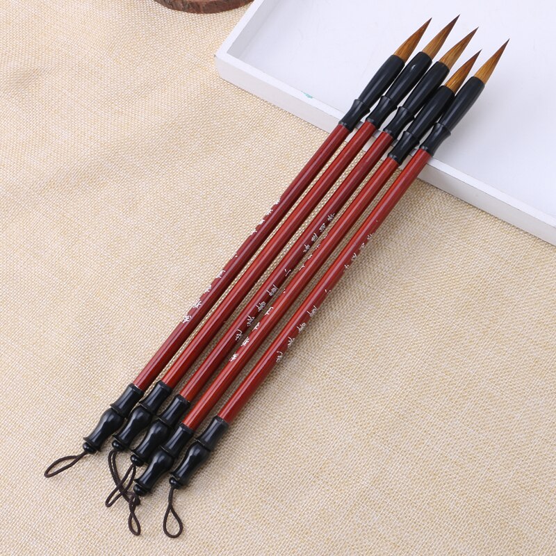 Pluma de tinta china tradicional, pincel de escritura de pelo de lobo de madera Litchi, suministros de papelería para caligrafía, 1 unidad