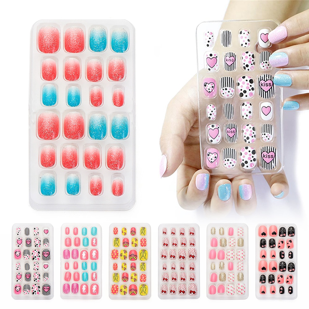 24 pièces dessin animé auto-adhésif faux ongles presse sur ongles enfant couverture complète détachable réutilisable acrylique bâton sur faux ongles