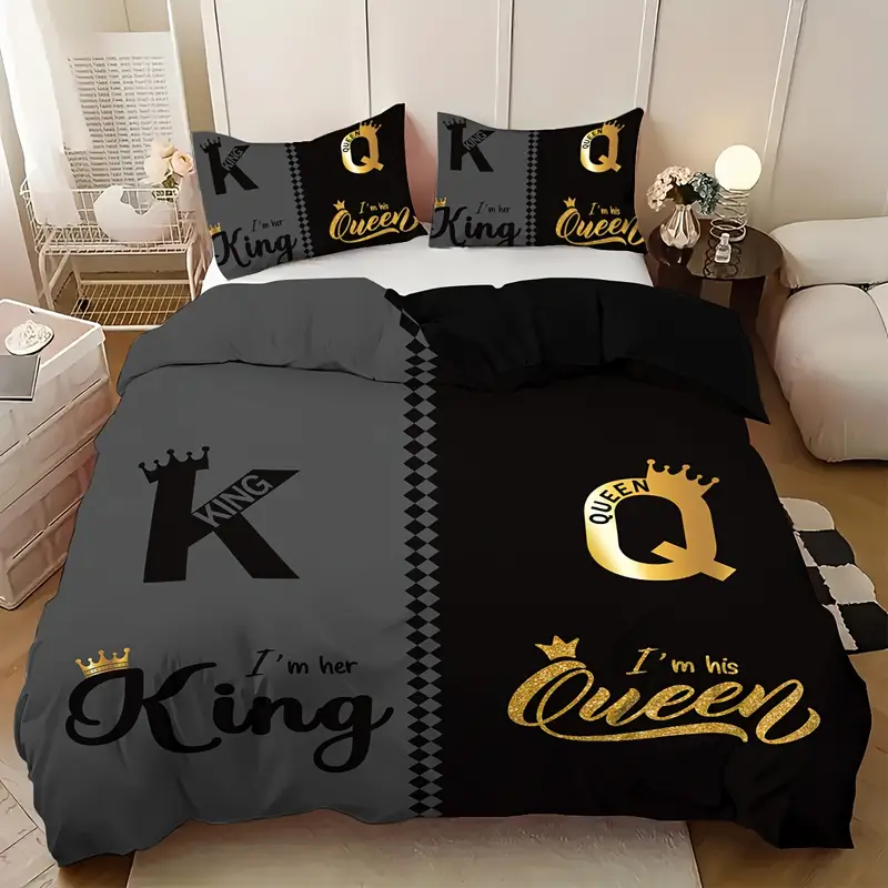 Juego de cama de con estampado king size y queen, color negro y gris, 1 funda nórdica + 2 fundas de almohada, para el hogar y el dormitorio, 3 uds.