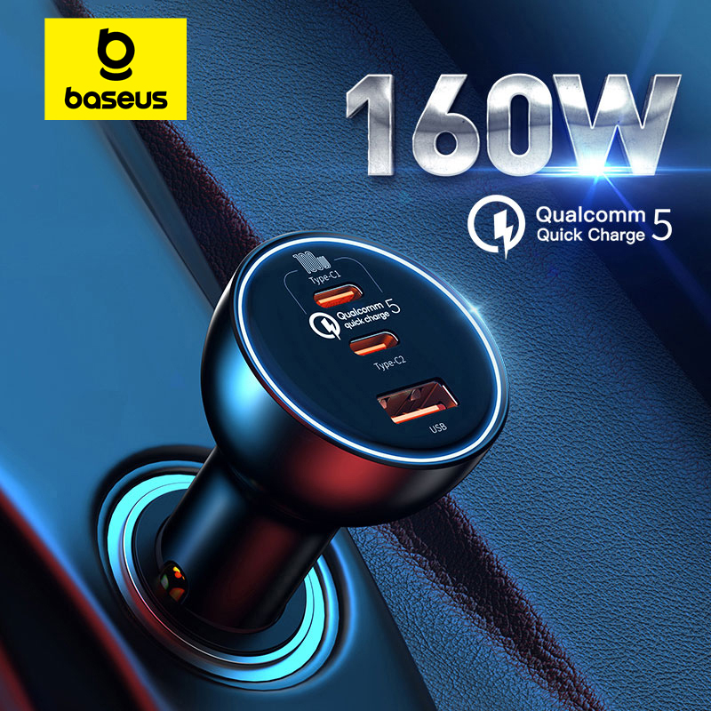 Baseus 160 W Autoladegerät QC 5.0 Schnellladung PPS PD3.0 USB Typ C Autotelefonladung für iPhone 13 14 15 Profi Laptops Tablets