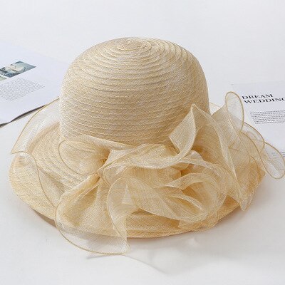 Ploermin Organza Zon Hoeden Vrouwen Bloem Zomer Bruiloft Caps Vrouwelijke Elegante Bloemen Uv Kerk Hoeden Mode: Dark beige
