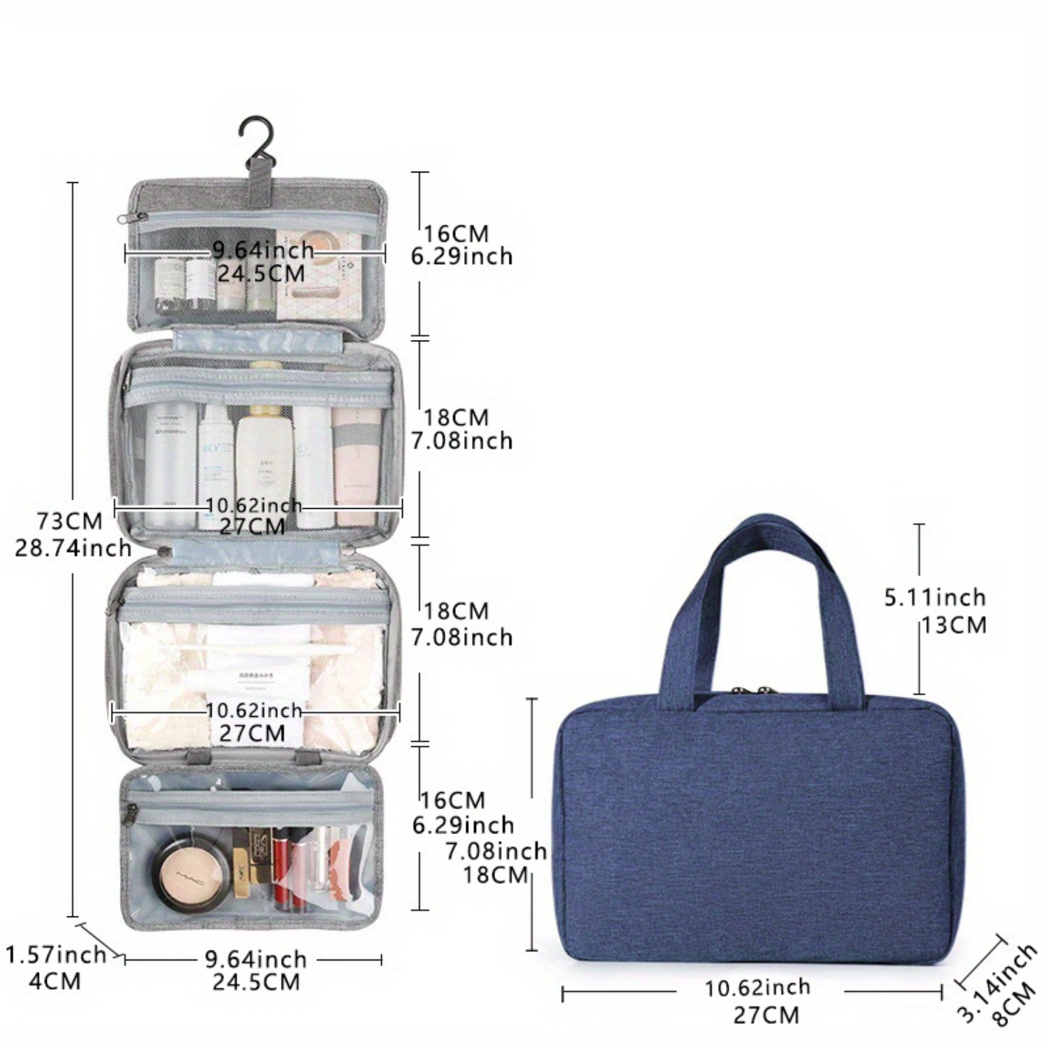 Neceser plegable impermeable para viaje con separación húmeda y seca, bolsa de cosméticos, bolsa de viaje multifuncional de gran capacidad: Azul