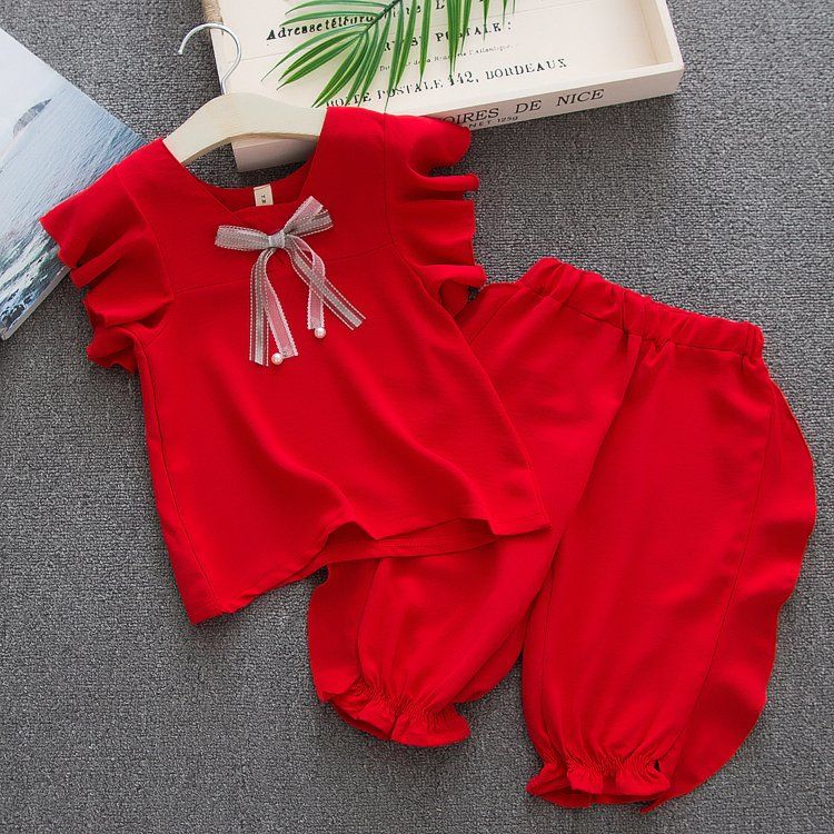 1-5 år chiffon pigetøj sommer nyfødt baby pige tøj sæt 2 stk bomuld pige tøj t shirt+bukser spædbørn tøj sæt: Rød / 5