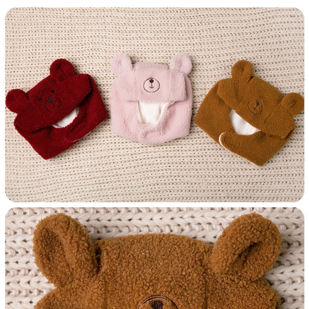 Unisex Cute Baby Cartoon Bear Hat Winter Toddler Boy Girl Solid Knitted Children Lovely Warm Soft Hat+Scarf Two Piece Set