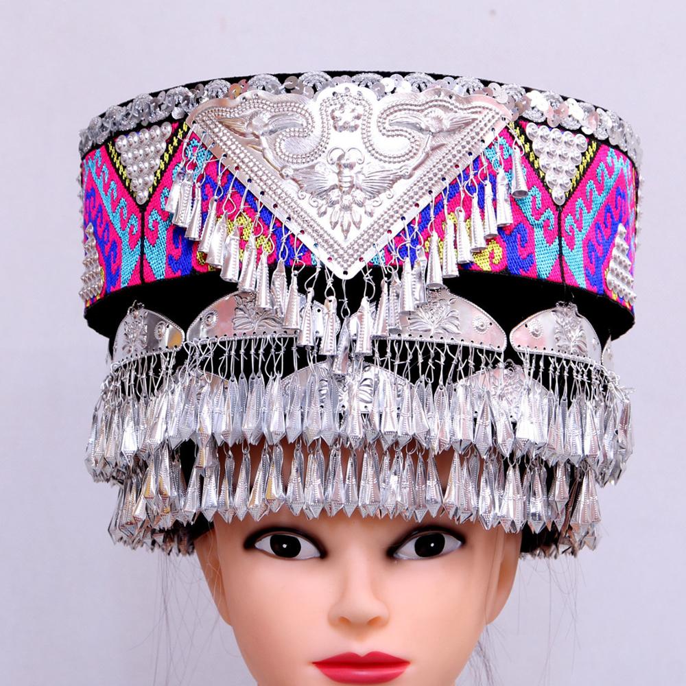 Coiffure de Costume de danse folklorique chinoise pour femmes, chapeaux Hmong Miao argentés, chapeaux de danseuse de scène, vêtements de la minorité chinoise
