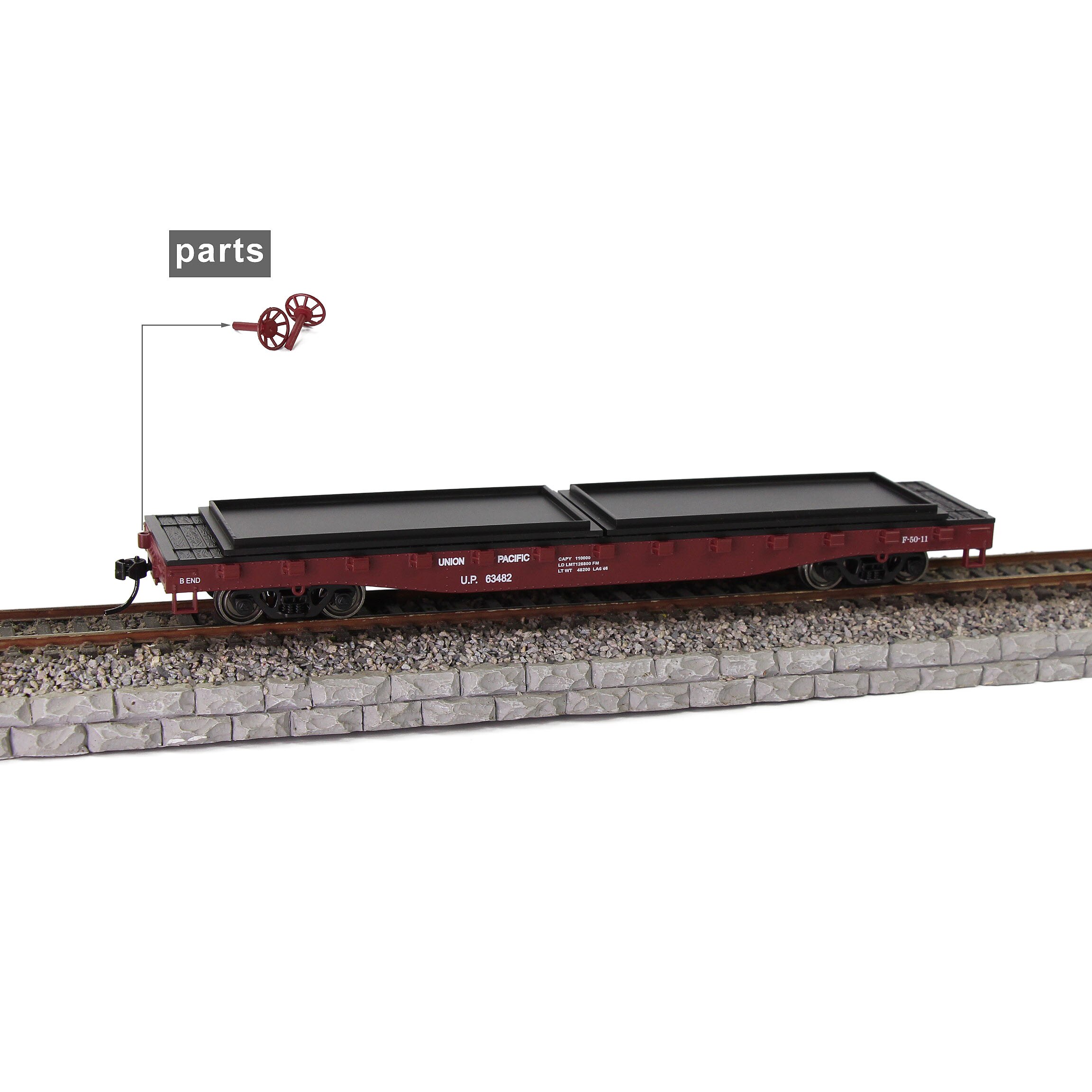 2pcs HO Scale 1:87 52ft Flat Car Flatbed Transporter Carriage C8741 Freight Car Model Railway: UP 63482