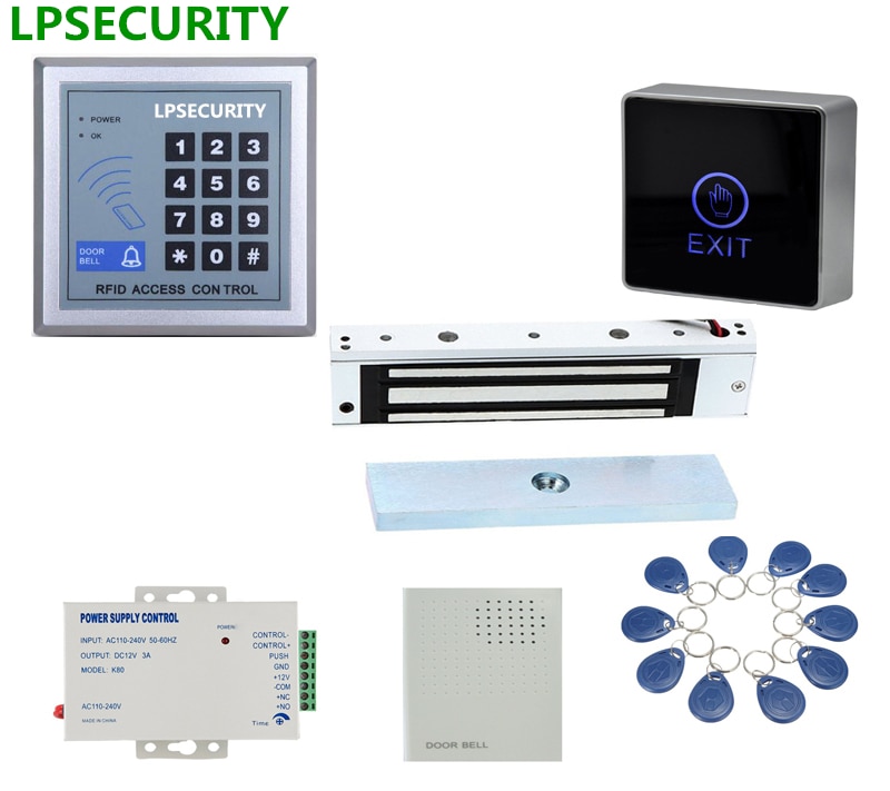 RFID door access control kit with 180kg door electric magnet lock +power supply+proximity keypad+keyfob+push button