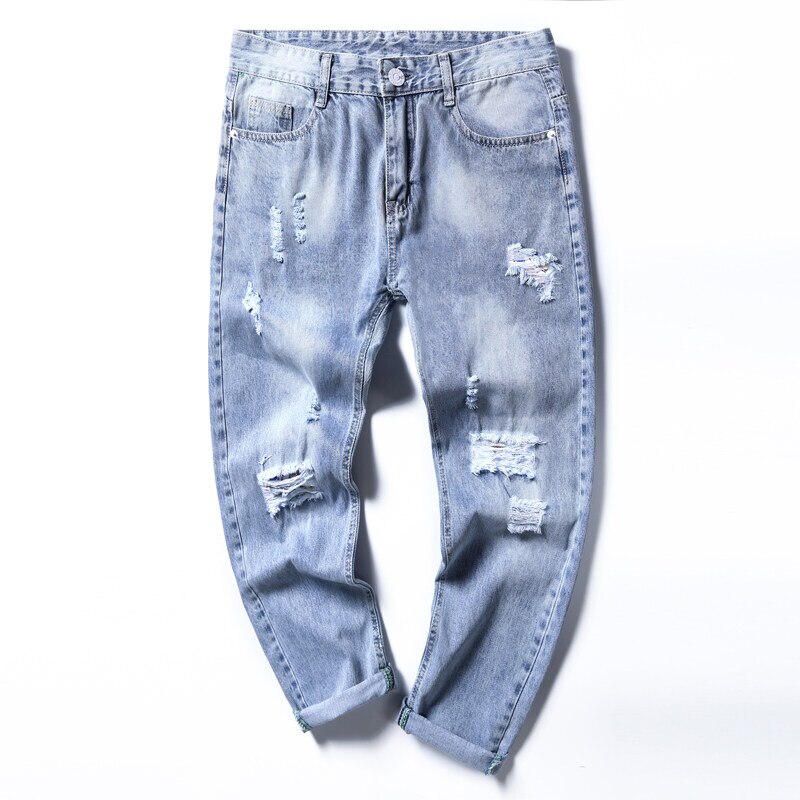 Ripped Jeans for men Stretch Nine Hole Pants