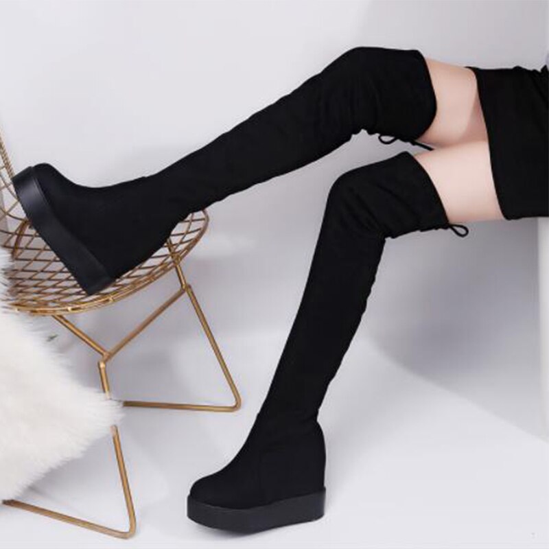 Cuissardes daim plate-forme bottes d'hiver femmes sur le genou bottes compensées talons hauts fourrure chaussures femme bottes longues