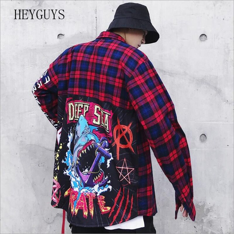 NAGRI Men Shirt casual Man Long Sleeve Hip-Hop printing Cardigan Tops Mens Plaid Casual Shirt Streetwear