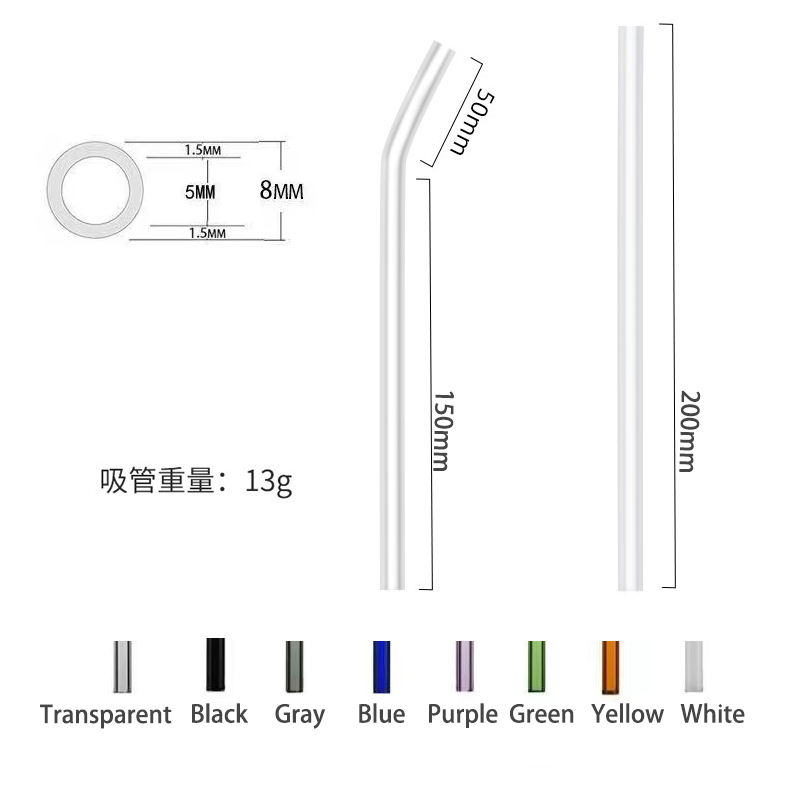 8Pcs Colorful Reusable Bent &amp; Straight Glass Straws 8mm Glass Drinking Straw for Smoothies Beverages Shakes with Cleaning Brush