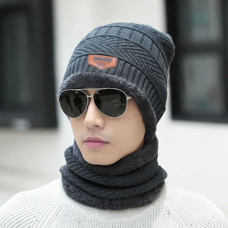 Mannen Dikke Winter Hoed, sjaal En Fluweel Warme Ski Muts Sjaal Pak Mannen Beanie Gehoorbescherming Hals Grote Maat Katoen Gezichtsmasker: Gray-3