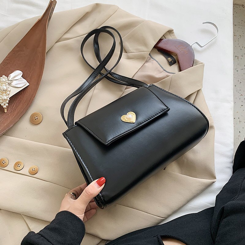 Herz Vintage Schulter Tasche Für Frauen Hand Tasche Kleine Solide Elegante Branded Handtaschen Weibliche Büro Dame Retro: black bag