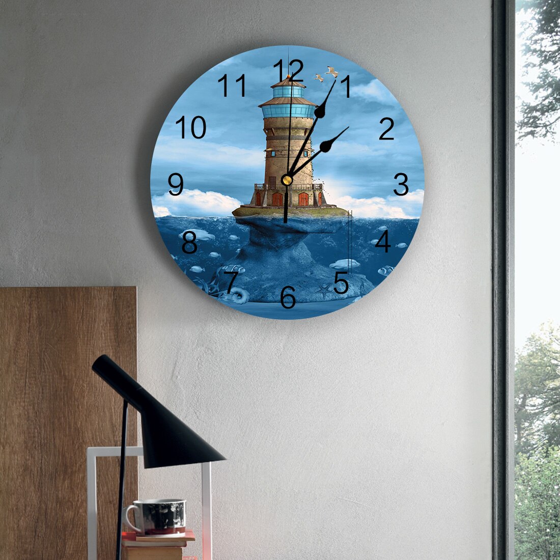 Sea Blue Lighthouse Coral Fish PVC Wall Clock Wall Digital Clock Home Decor Wall Clock Modern Living Room Decor
