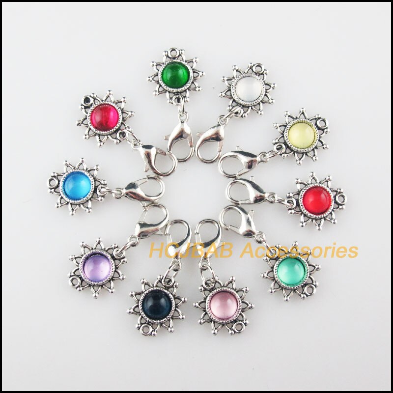 10Pcs Tibetaans Zilveren Tone Zon Bloem Frame Gemengde Resin Charms Hangers Met Karabijnsluiting 14Mm