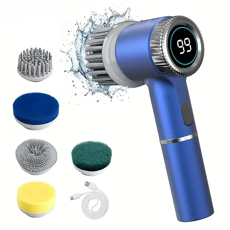 Elektrische reinigingsborstel Multifunctionele keuken Badkamer Toilet Draagbare krachtige schone borstel 5-opzetborstels LED-display: Blauw