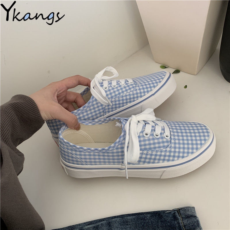 Chaussures en toile de damier bleu authentique pour femmes, baskets de skateboard, plates vulcanisées pour filles