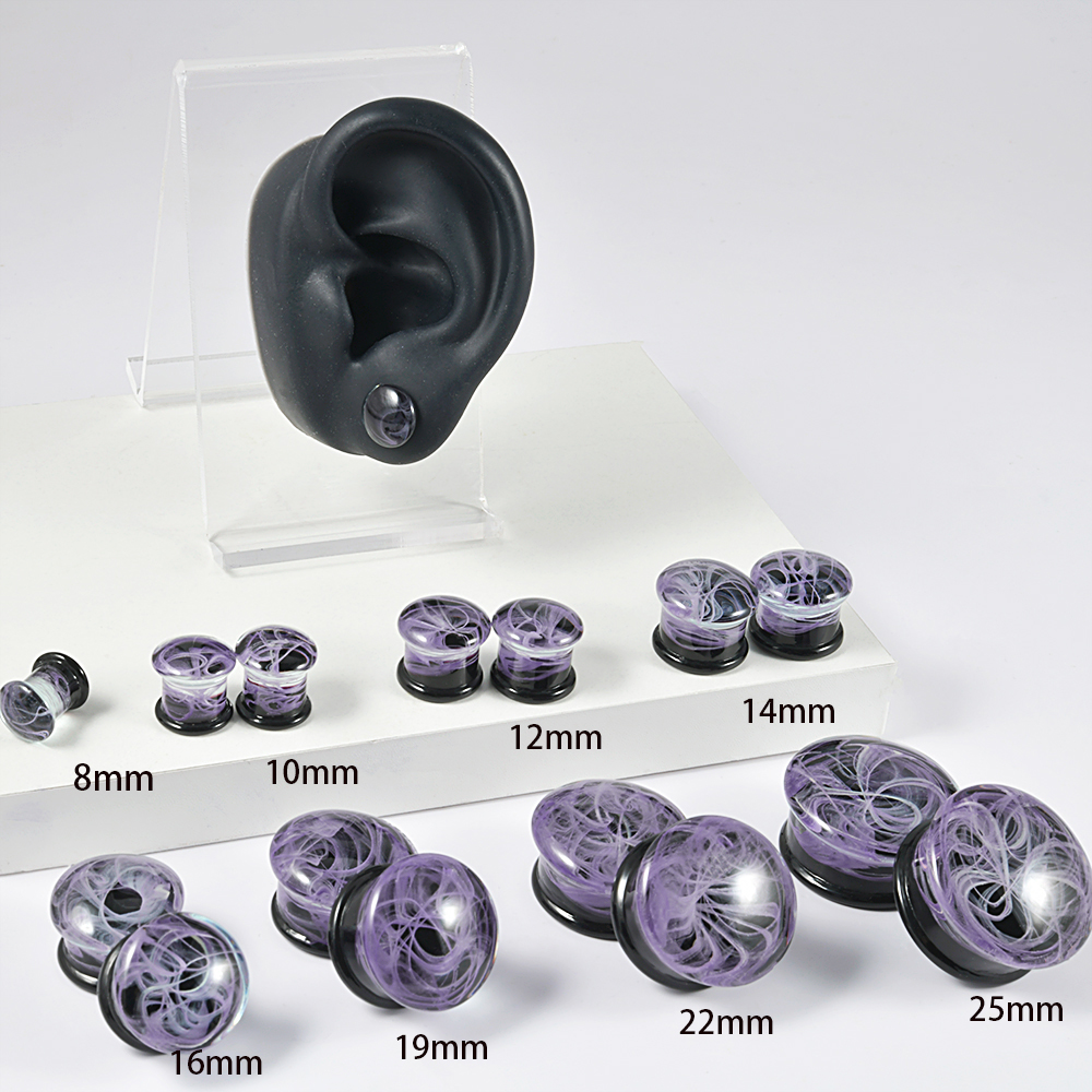 2Pcs Solid Glass Jellyfish Swirl Clear Oil Painting Vortex Ear Plugs Ear Tunnels Gauges Lobe Piercing Jewelry Women Men: black / Blue Zinc Plated