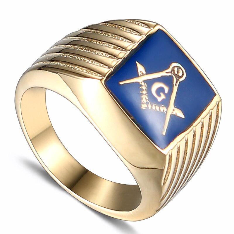 Masonic Ring Free Mason Stainless Steel Freemasonry Ring Freemason Gold For Men AG Jewelry Punk Blue Enamel Size 8-13