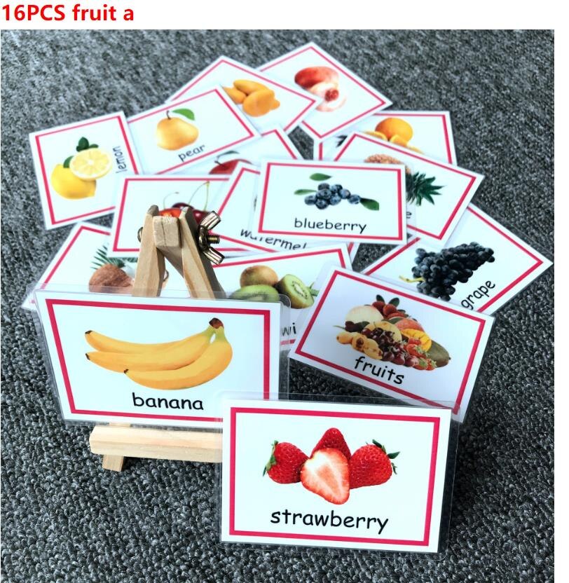 Kids Montessori Baby Learn English Word Card Flashcards Cognitive Educational Toys Picture Memorise Games For Children: 16pcs fruit a