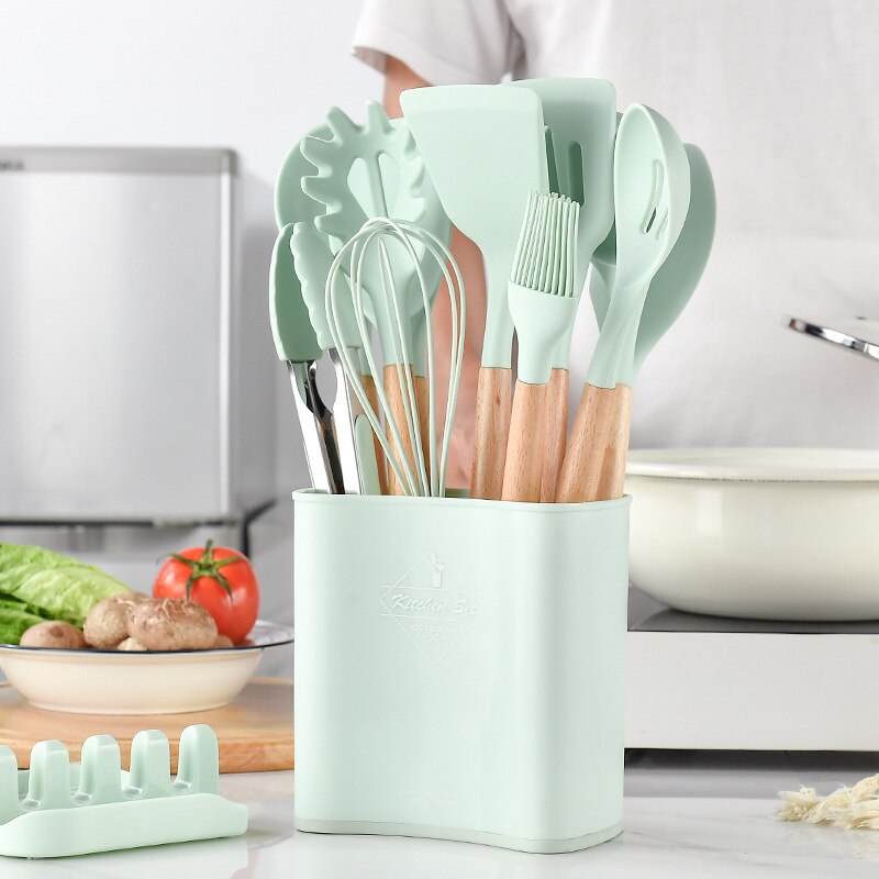 Silikoni keittiövälineet de cocina tarvikkeet työkalut keittiövälineet keittolusikka espatula gadget keittiö menaje lastalla puinen