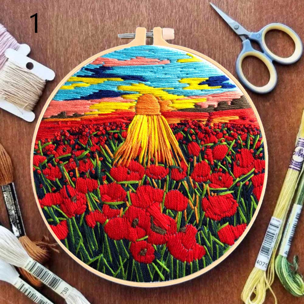 DIY Embroidery Flower Landscape Handwork Needlework for Beginner Cross Stitch kit Ribbon Painting Embroidery Hoop Home Decor: A-1