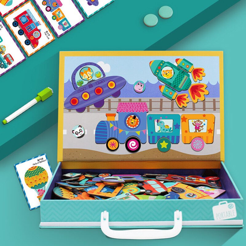 Houten Kinderen Puzzel Stickers Magnetische Spelling Cartoon Fun Dubbelzijdig Puzzel Verlichting Intellectuele Speelgoed Voor Kinderen