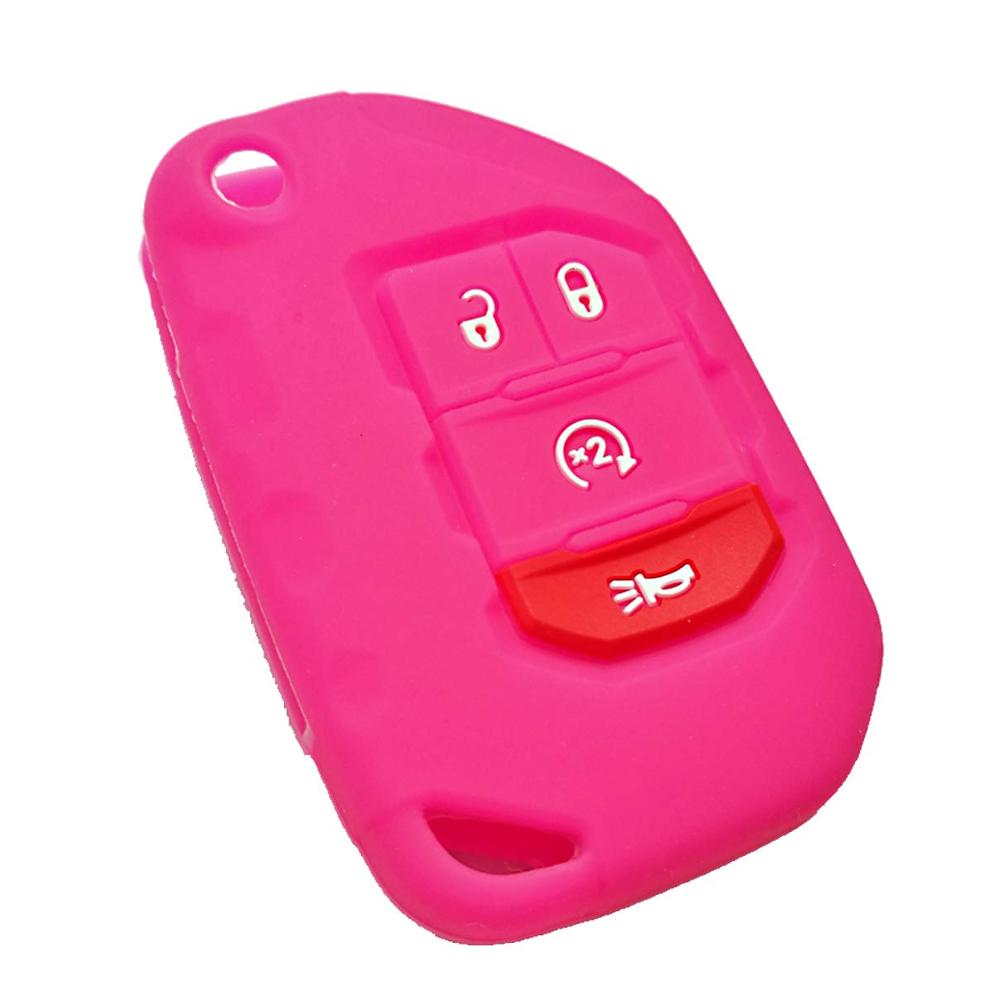 Silicone Cover Case Holder Remote Bag Protector for Jeep Wrangler JL Gladiator JT 4-Buttons Flip Key Fob: Pink