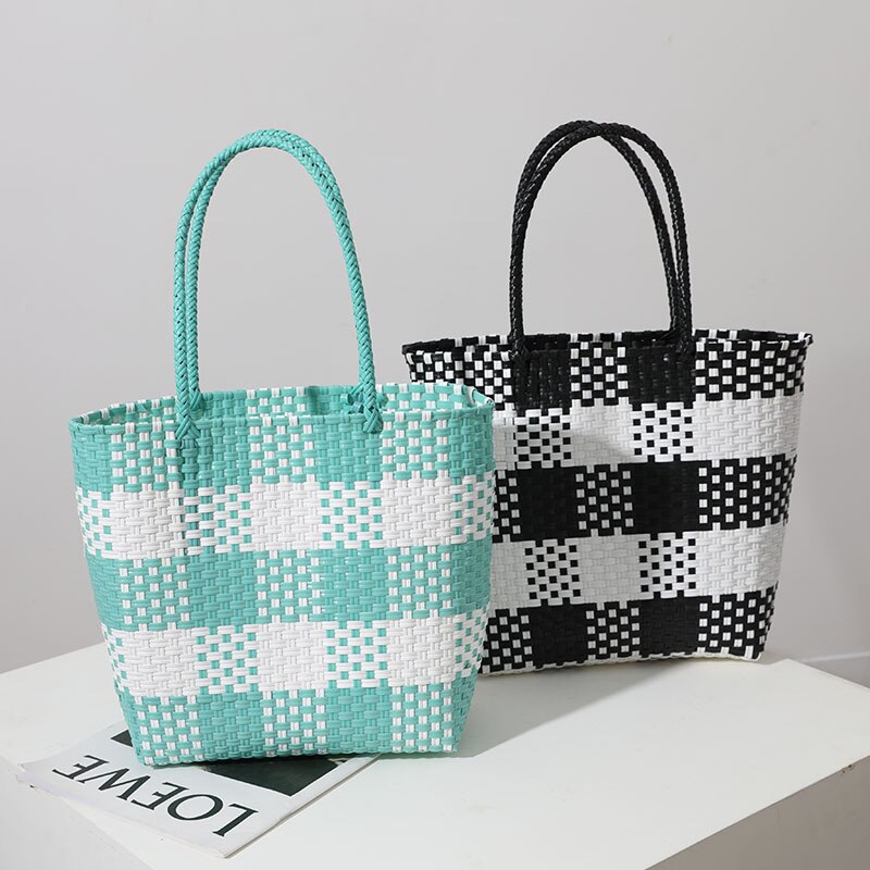 Bolso de Plástico portátil tejido a mano para mujer, bolsa cuadrada de gran capacidad que combina con todo, ideal para compras, ocio, cesta de verduras, novedad