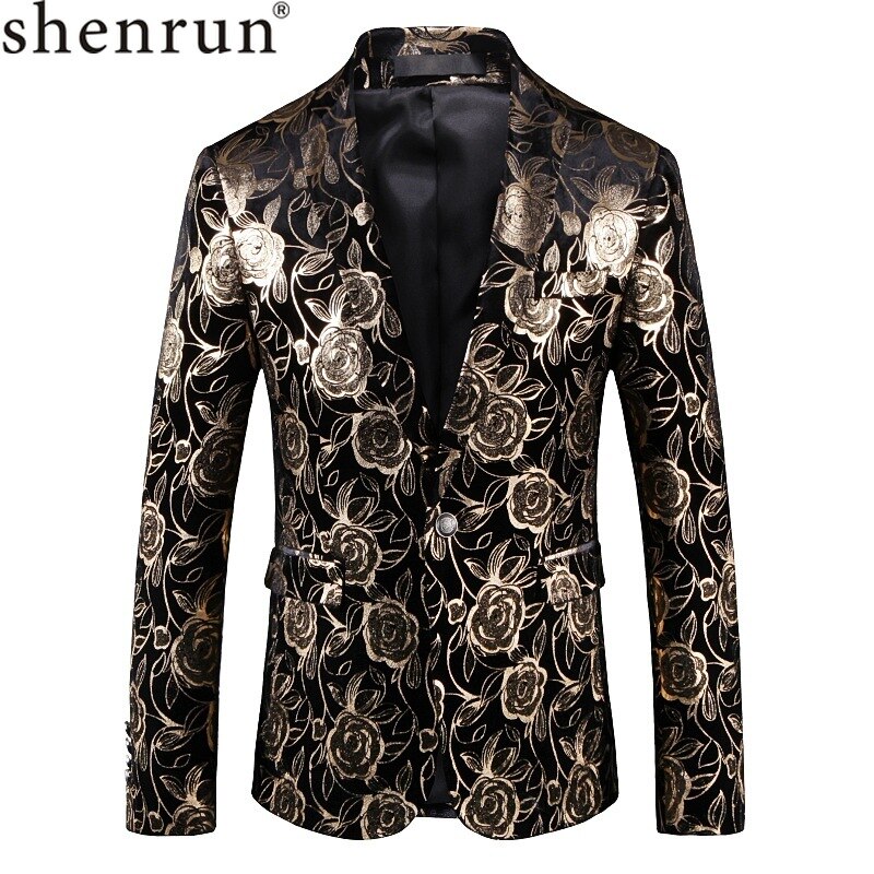 Shenrun Männer Blazer Slim Fit Casual Jacke Gold Print Bühnen Kostüm Sänger Host Musiker Tänzerin Party Bankett Nachtclub