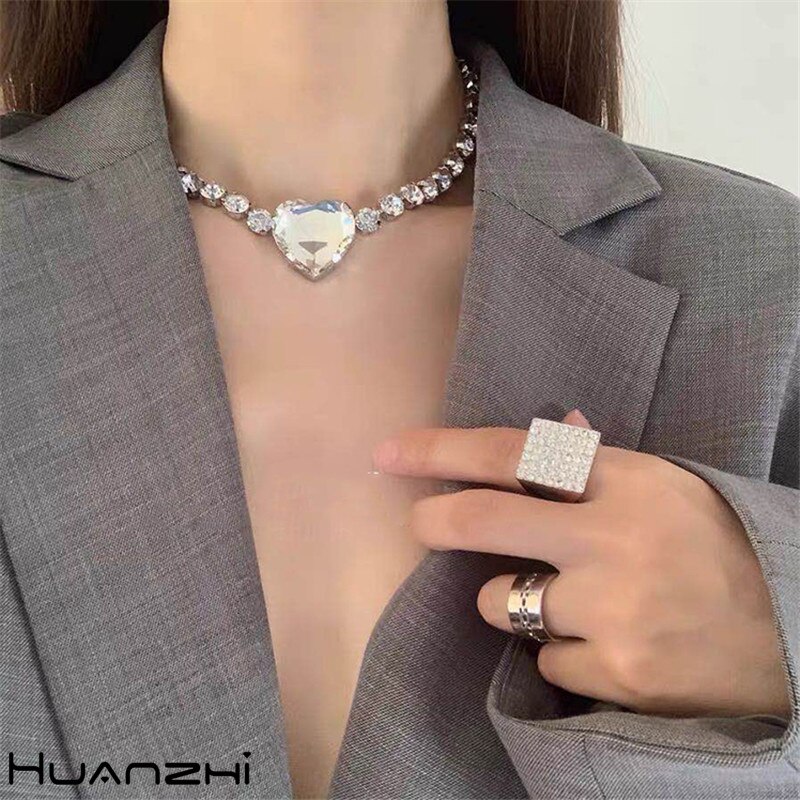 HUANZHI Neue Trend Hüfte hüpfen Metall Kette Zirkon Liebe Halsband Halskette für Frauen Und Mann Party Heißer Schmuck