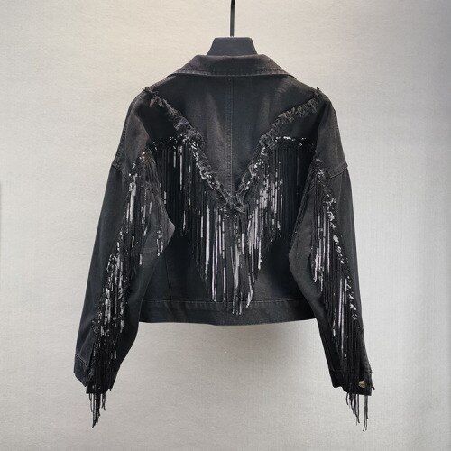 Chaqueta vaquera con Flecos para mujer, pantalón corto, suelto y delgado, Top ajustado, chaquetas con Flecos brillantes, traje de Rave: Black / M