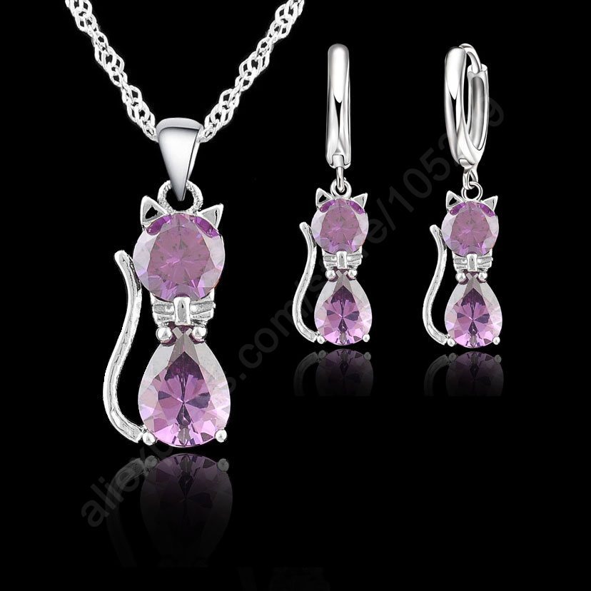 Fine Accessories Jewelry Sets Purple Real Pure 925 Sterling Silver Cute Cat Shaped Set Necklace and Earrings Best