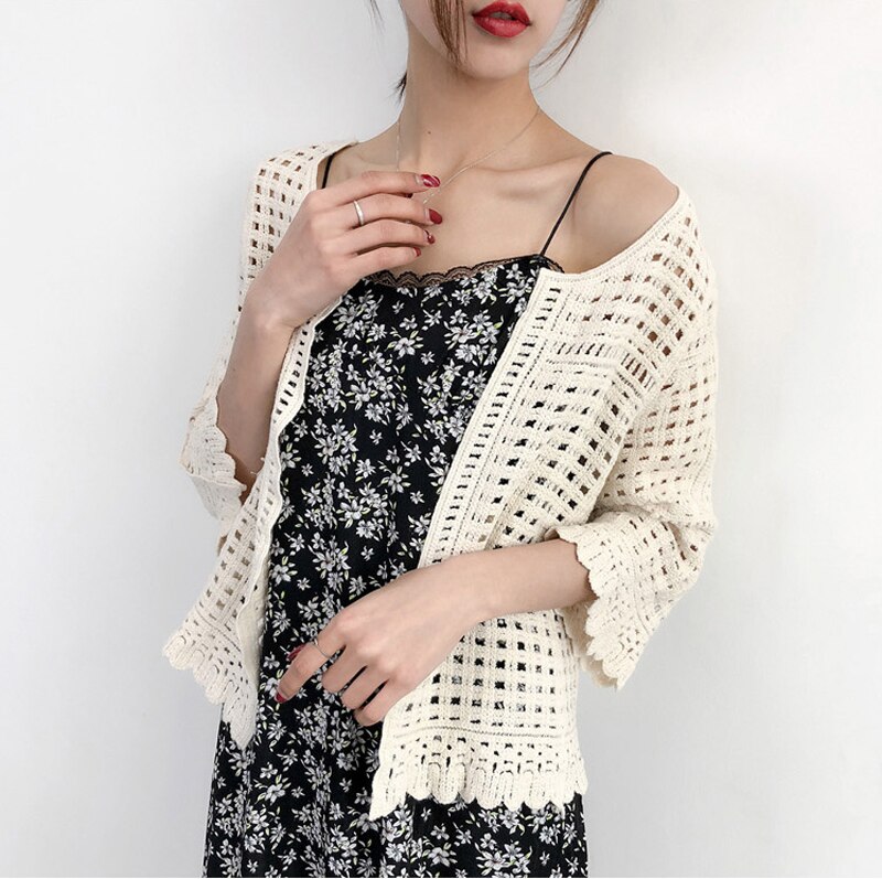 Casual Tops Vrouwelijke Dunne Stitch Hollow Vrouwen Zomer Uit Kant Half Mouw Gebreide O-hals Wit Bolero Gehaakte Open Vest: Beige